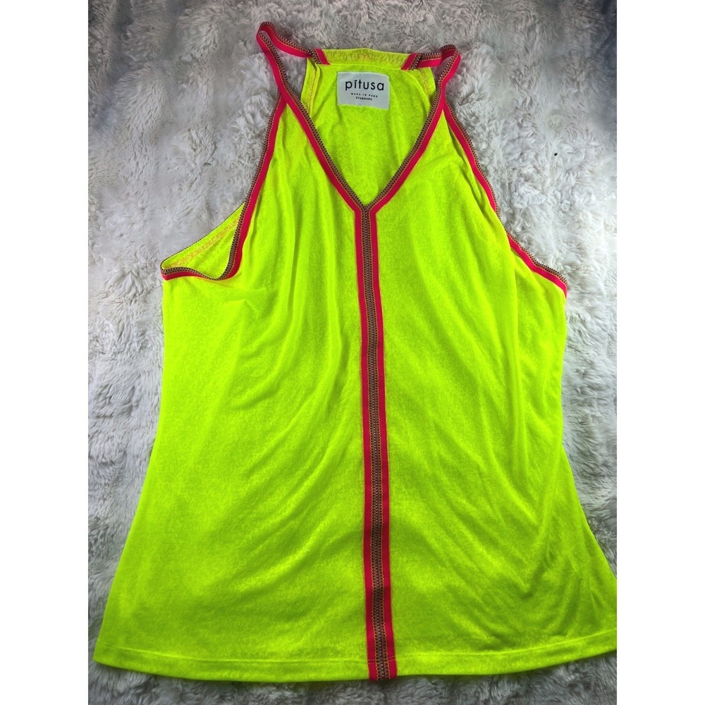 Pitusa Neon Yellow V-Neck Tank Top Pink Embroidered Trim Standard Peru. A29